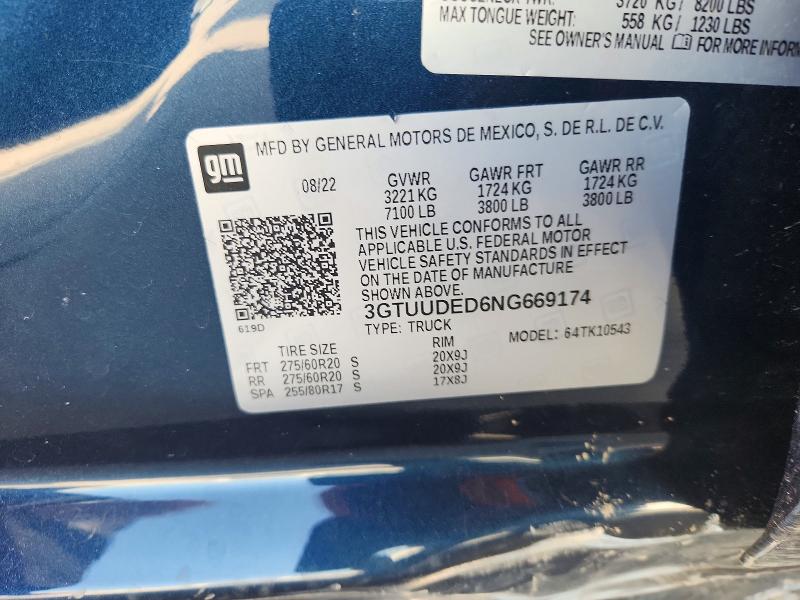 Продаж на аукціоні авто 2022 Gmc Sierra, vin: 3GTUUDED6NG669174, номер лоту: 61921116