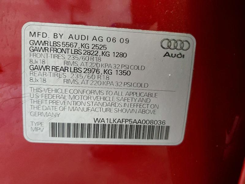 60614186 :رقم المزاد ، WA1LKAFP5AA008036 vin ، 2010 Audi Q5 مزاد بيع