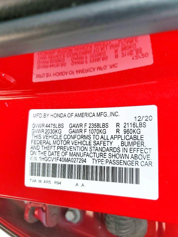 2021 Honda Accord მანქანა იყიდება აუქციონზე, vin: 1HGCV1F40MA027294, აუქციონის ნომერი: 62313856