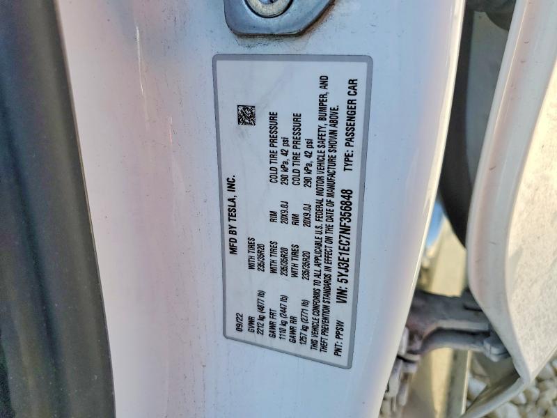 58469506 :رقم المزاد ، 5YJ3E1EC7NF356848 vin ، 2022 Tesla Model 3 مزاد بيع