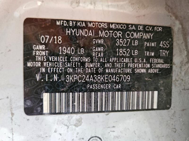 61185886 :رقم المزاد ، 3KPC24A38KE046709 vin ، 2019 Hyundai Accent مزاد بيع