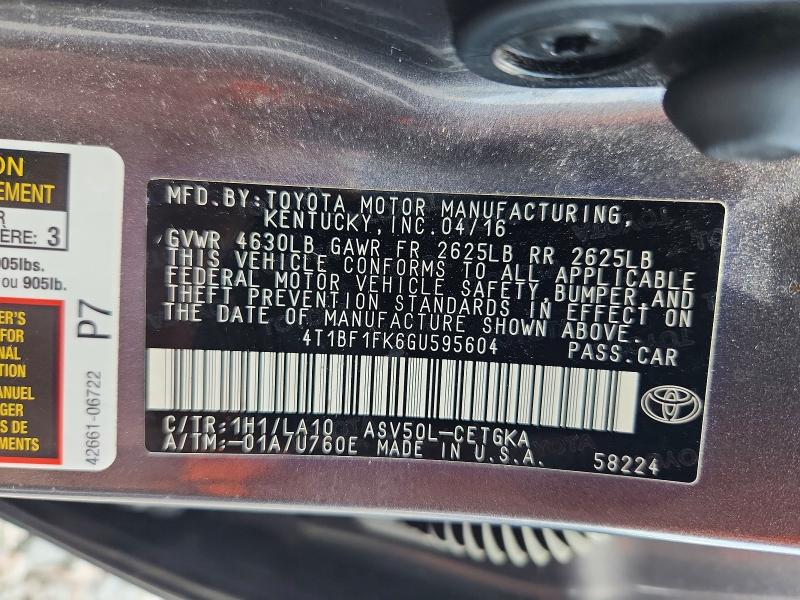 2016 Toyota Camry მანქანა იყიდება აუქციონზე, vin: 4T1BF1FK6GU595604, აუქციონის ნომერი: 61806166