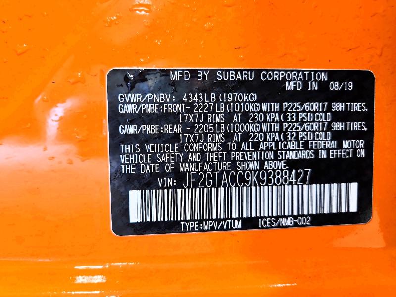 59314486 :رقم المزاد ، JF2GTACC9K9388427 vin ، 2019 Subaru Crosstrek مزاد بيع