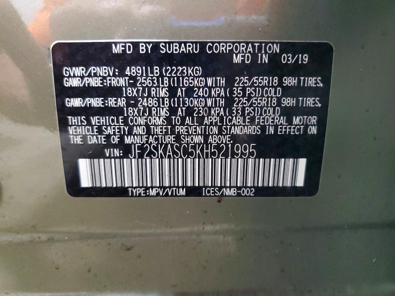 Aukcja sprzedaży 2019 Subaru Forester, vin: JF2SKASC5KH521995, numer aukcji: 62459356