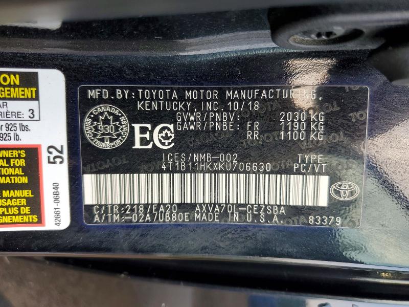 2019 Toyota Camry მანქანა იყიდება აუქციონზე, vin: 4T1B11HKXKU706630, აუქციონის ნომერი: 62795836