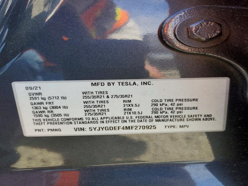 60515866 :رقم المزاد ، 5YJYGDEF4MF270925 vin ، 2021 Tesla Model Y مزاد بيع