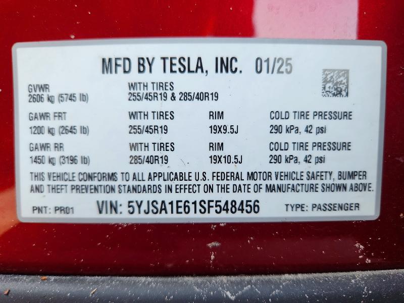 61793156 :رقم المزاد ، 5YJSA1E61SF548456 vin ، 2025 Tesla Model S مزاد بيع