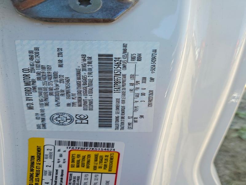 2019 Ford Mustang მანქანა იყიდება აუქციონზე, vin: 1FATP8FF7K5154624, აუქციონის ნომერი: 62523956