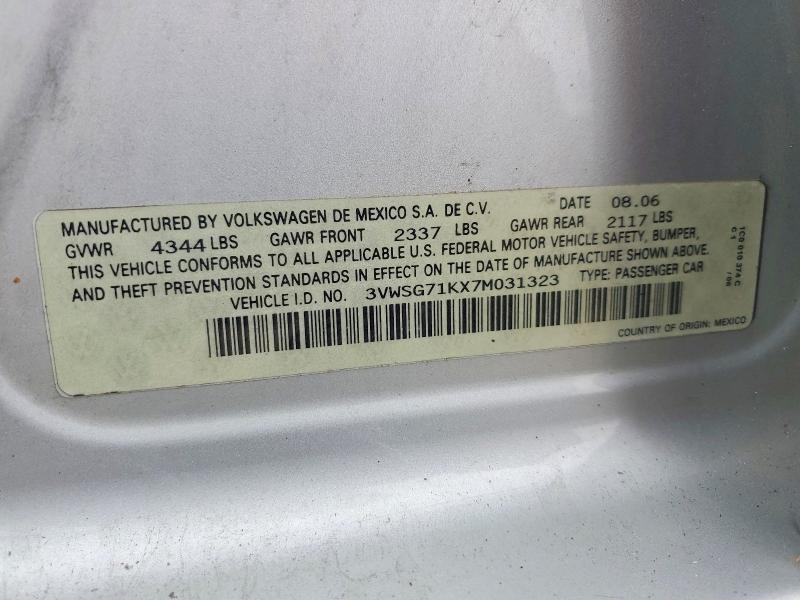 2007 Volkswagen Jetta მანქანა იყიდება აუქციონზე, vin: 3VWSG71KX7M031323, აუქციონის ნომერი: 62031356