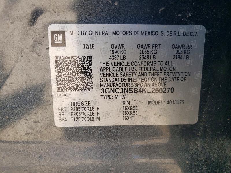 2019 Chevrolet Trax მანქანა იყიდება აუქციონზე, vin: 3GNCJNSB4KL255270, აუქციონის ნომერი: 59652946