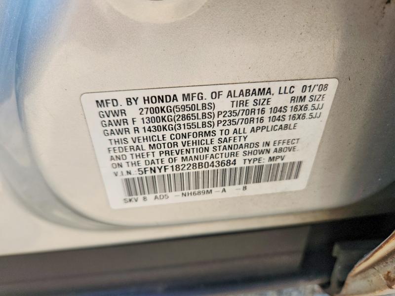 62352426 :رقم المزاد ، 5FNYF18228B043684 vin ، 2008 Honda Pilot مزاد بيع