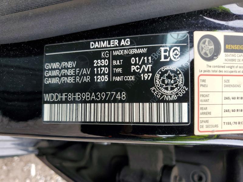 61938416 :رقم المزاد ، WDDHF8HB9BA397748 vin ، 2011 Mercedes-benz E مزاد بيع