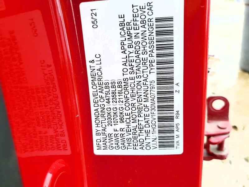 2021 Honda Accord მანქანა იყიდება აუქციონზე, vin: 1HGCV1F30MA077975, აუქციონის ნომერი: 60889606