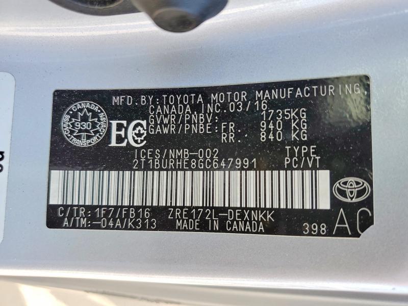 57503186 :رقم المزاد ، 2T1BURHE8GC647991 vin ، 2016 Toyota Corolla مزاد بيع