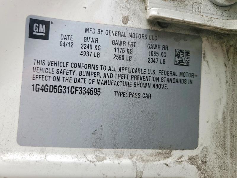 62280476 :رقم المزاد ، 1G4GD5G31CF334695 vin ، 2012 Buick Lacrosse مزاد بيع
