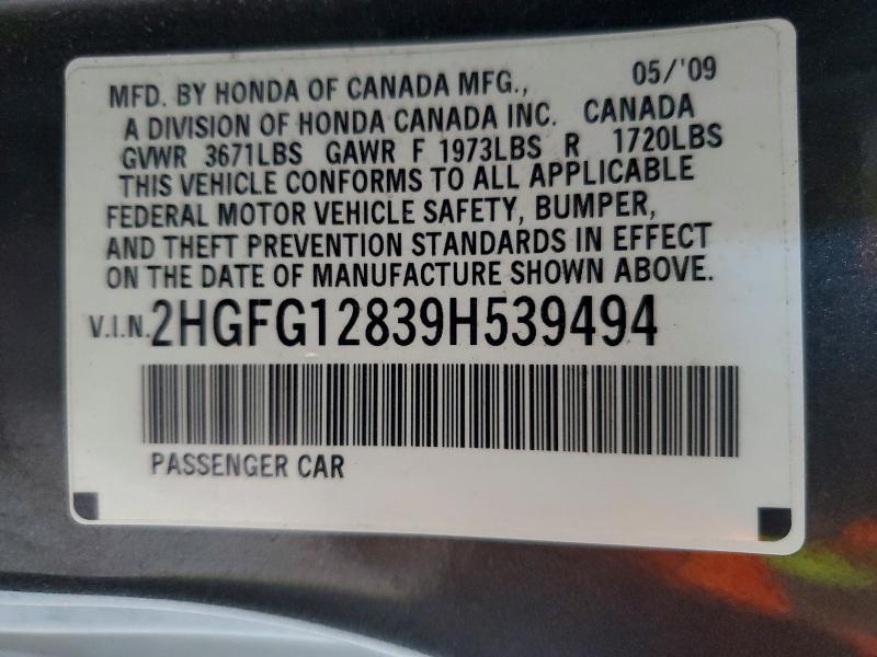 Aukcja sprzedaży 2009 Honda Civic, vin: 2HGFG12839H539494, numer aukcji: 60879046