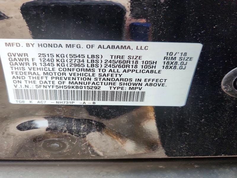 60990196 :رقم المزاد ، 5FNYF5H59KB015292 vin ، 2019 Honda Pilot مزاد بيع