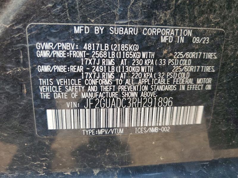 Aukcja sprzedaży 2024 Subaru Crosstrek, vin: JF2GUADC3RH291896, numer aukcji: 60507296