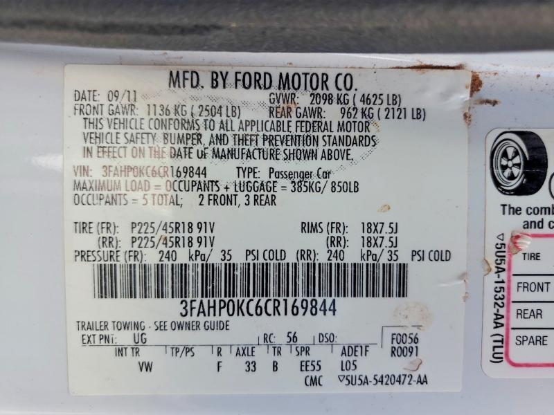 60926106 :رقم المزاد ، 3FAHP0KC6CR169844 vin ، 2012 Ford Fusion مزاد بيع