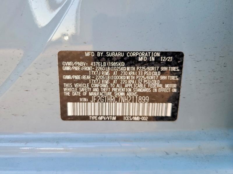 Aukcja sprzedaży 2022 Subaru Crosstrek, vin: JF2GTHRC7NH211899, numer aukcji: 62491706