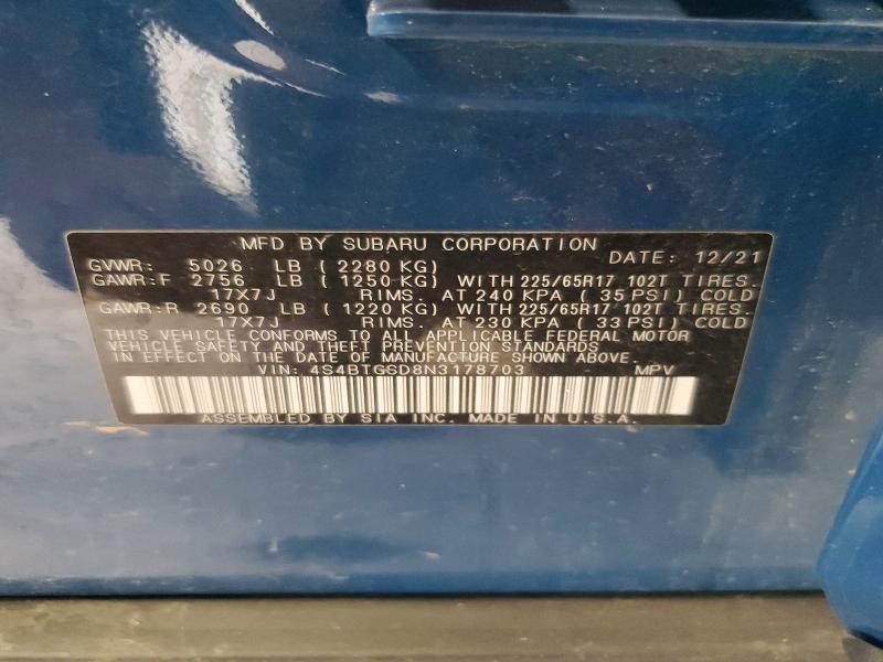 61376316 :رقم المزاد ، 4S4BTGSD8N3178703 vin ، 2022 Subaru Outback مزاد بيع