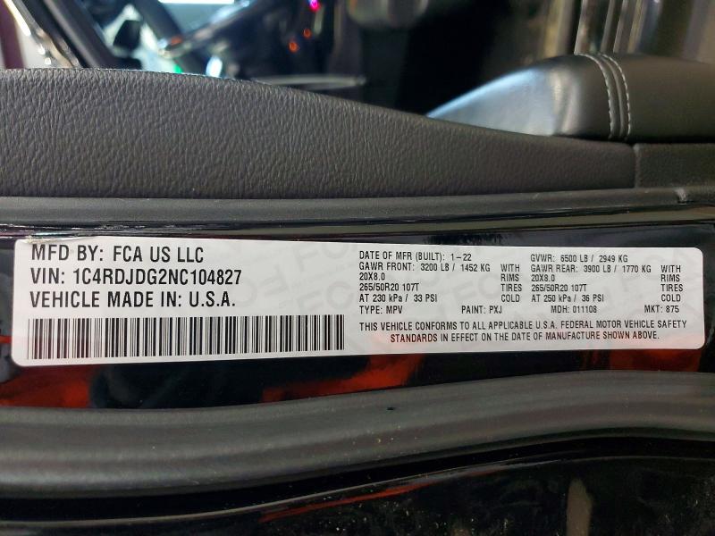 Продажа на аукционе авто 2022 Dodge Durango, vin: 1C4RDJDG2NC104827, номер лота: 59841466