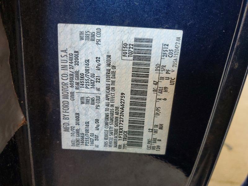 2003 Ford F150 მანქანა იყიდება აუქციონზე, vin: 1FTRX17273NA62759, აუქციონის ნომერი: 60915216