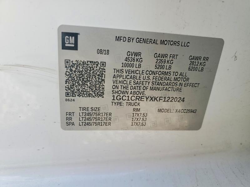 2019 Chevrolet Silverado მანქანა იყიდება აუქციონზე, vin: 1GC1CREYXKF122024, აუქციონის ნომერი: 61082726