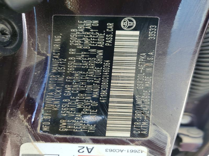 62005356 :رقم المزاد ، 4T1BK3DB0CU460364 vin ، 2012 Toyota Avalon مزاد بيع