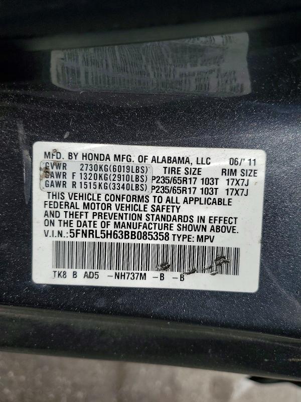 60501796 :رقم المزاد ، 5FNRL5H63BB085358 vin ، 2011 Honda Odyssey مزاد بيع