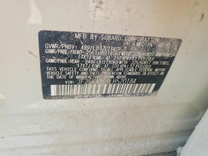 2020 Subaru Forester მანქანა იყიდება აუქციონზე, vin: JF2SKAAC3LH520184, აუქციონის ნომერი: 62573426