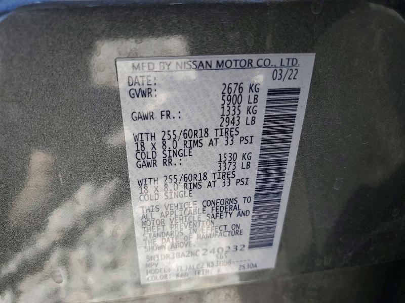 59358596 :رقم المزاد ، 5N1DR3BA2NC240232 vin ، 2022 Nissan Pathfinder مزاد بيع
