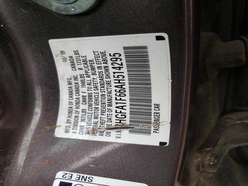 60832746 :رقم المزاد ، 2HGFA1F66AH514295 vin ، 2010 Honda Civic مزاد بيع