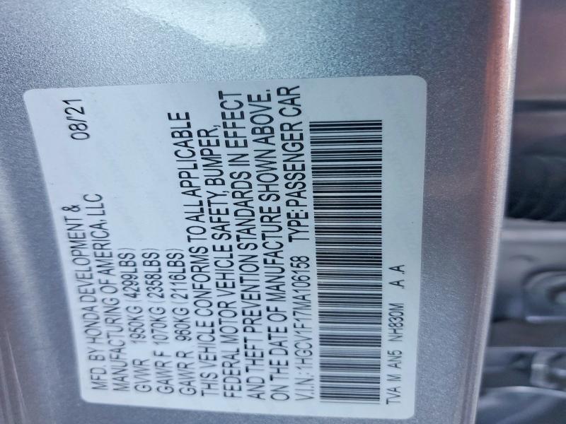 Продажа на аукционе авто 2021 Honda Accord, vin: 1HGCV1F17MA106158, номер лота: 59897676