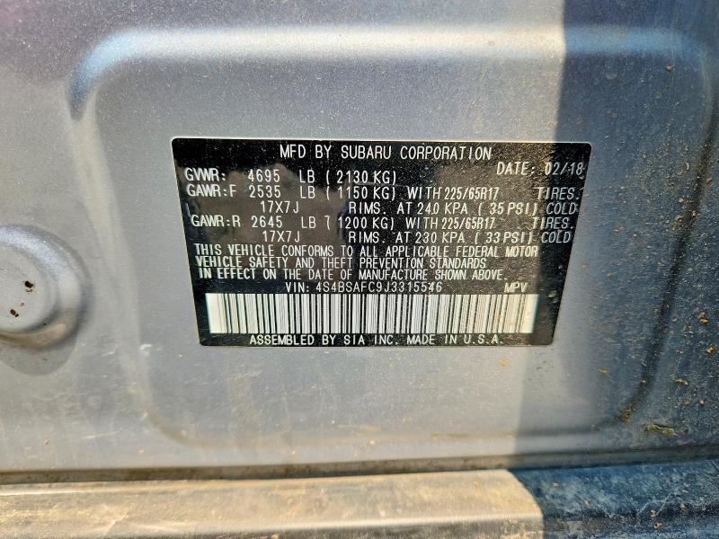 2018 Subaru Outback მანქანა იყიდება აუქციონზე, vin: 4S4BSAFC9J3315546, აუქციონის ნომერი: 59338756