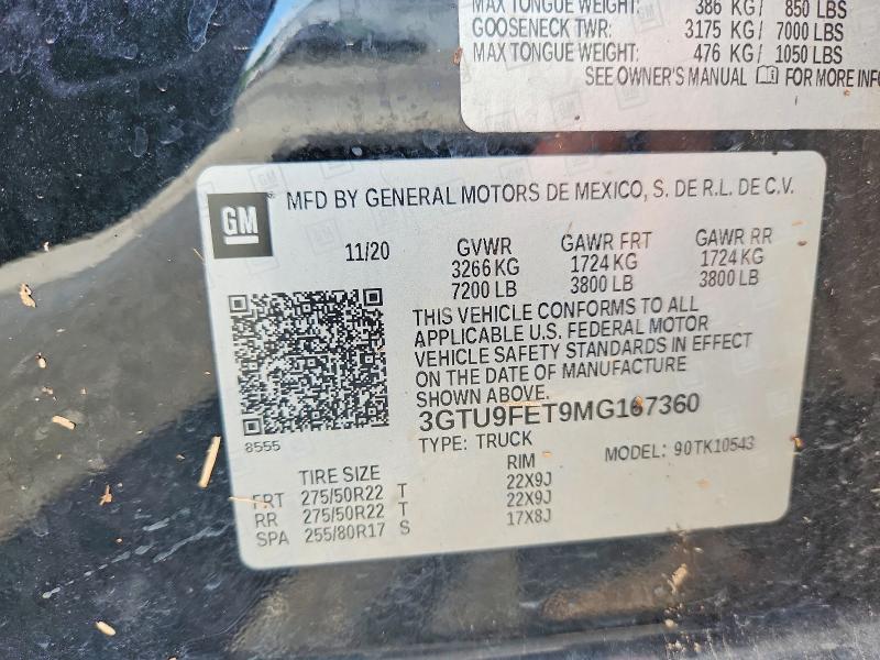 Aukcja sprzedaży 2021 Gmc Sierra, vin: 3GTU9FET9MG167360, numer aukcji: 59379376