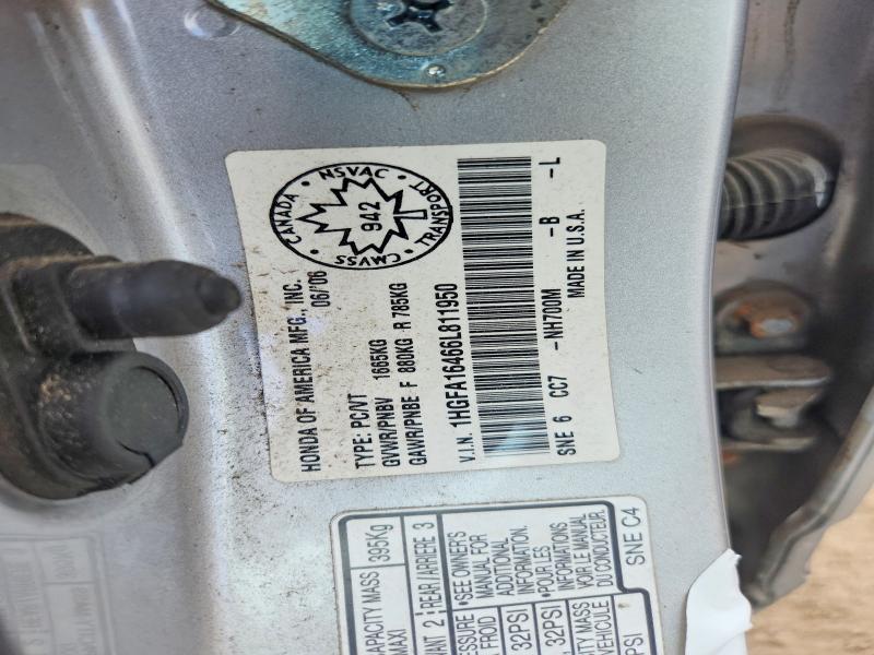 Aukcja sprzedaży 2006 Honda Civic, vin: 1HGFA16466L811950, numer aukcji: 61211996