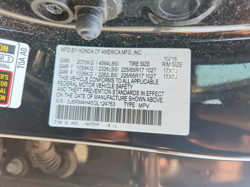2016 Honda Cr-v მანქანა იყიდება აუქციონზე, vin: 5J6RM4H45GL124763, აუქციონის ნომერი: 59728256