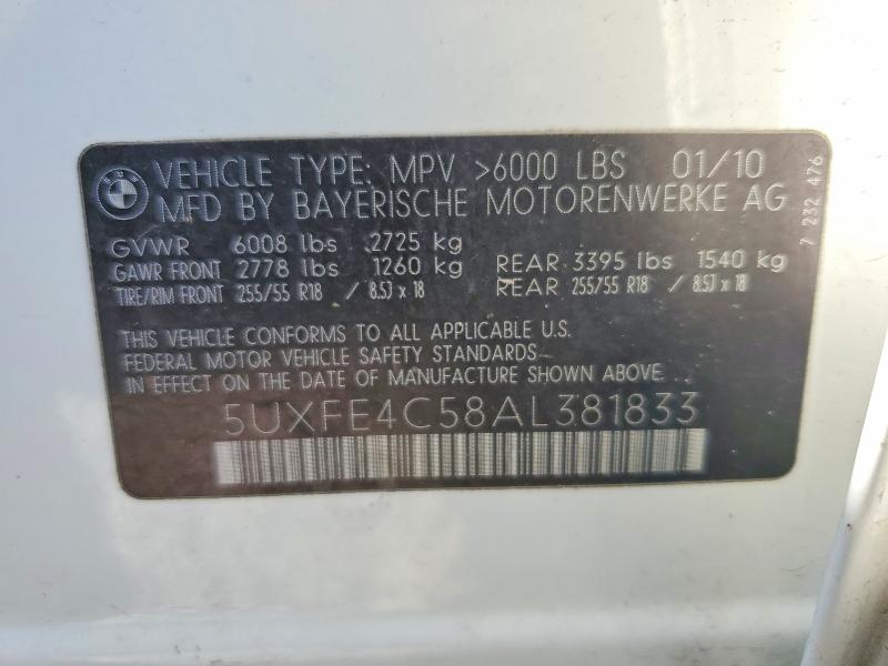 2010 Bmw X5 მანქანა იყიდება აუქციონზე, vin: 5UXFE4C58AL381833, აუქციონის ნომერი: 60086866