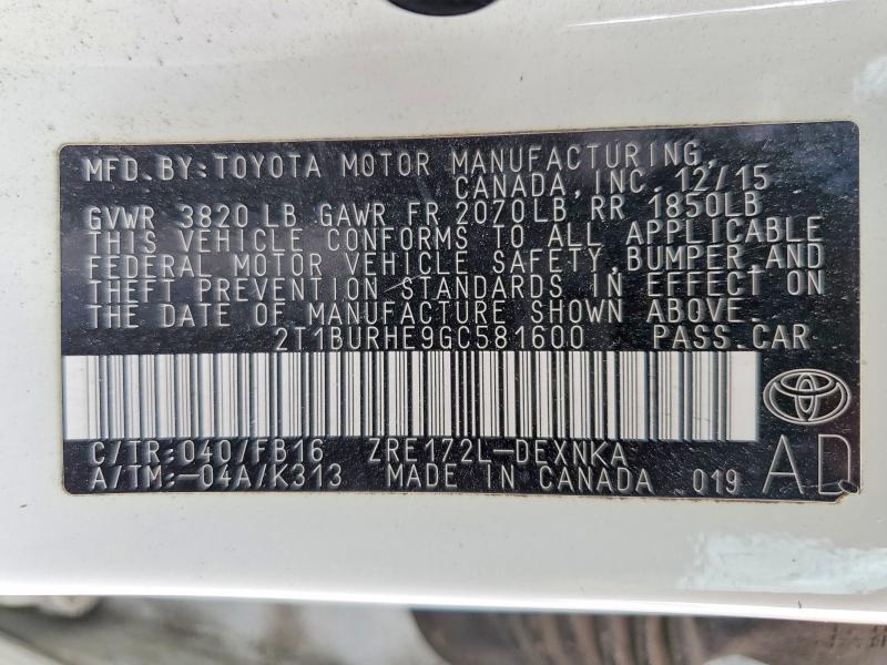 Aukcja sprzedaży 2016 Toyota Corolla, vin: 2T1BURHE9GC581600, numer aukcji: 63155136