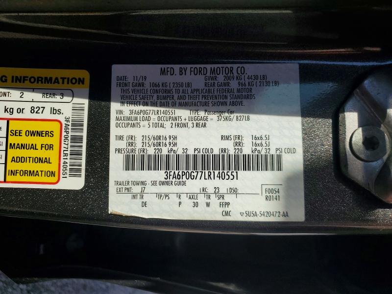 Продаж на аукціоні авто 2020 Ford Fusion, vin: 3FA6P0G77LR140551, номер лоту: 59573076
