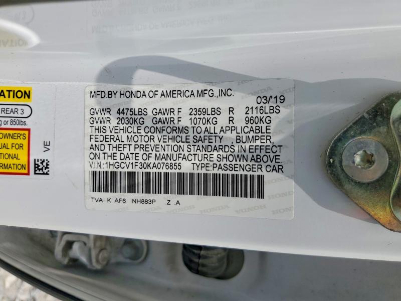 Продажа на аукционе авто 2019 Honda Accord, vin: 1HGCV1F30KA076855, номер лота: 60155326