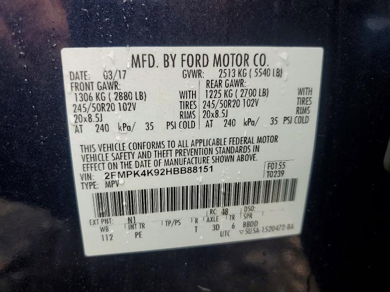 62853746 :رقم المزاد ، 2FMPK4K92HBB88151 vin ، 2017 Ford Edge مزاد بيع