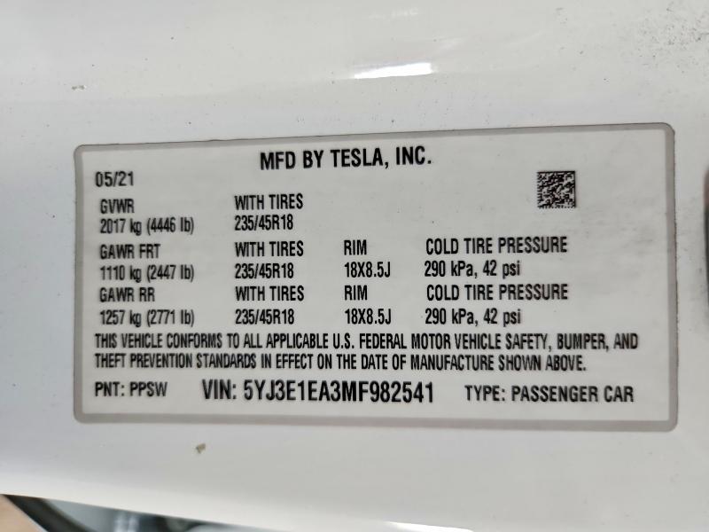 Продажа на аукционе авто 2021 Tesla Model 3, vin: 5YJ3E1EA3MF982541, номер лота: 61031996