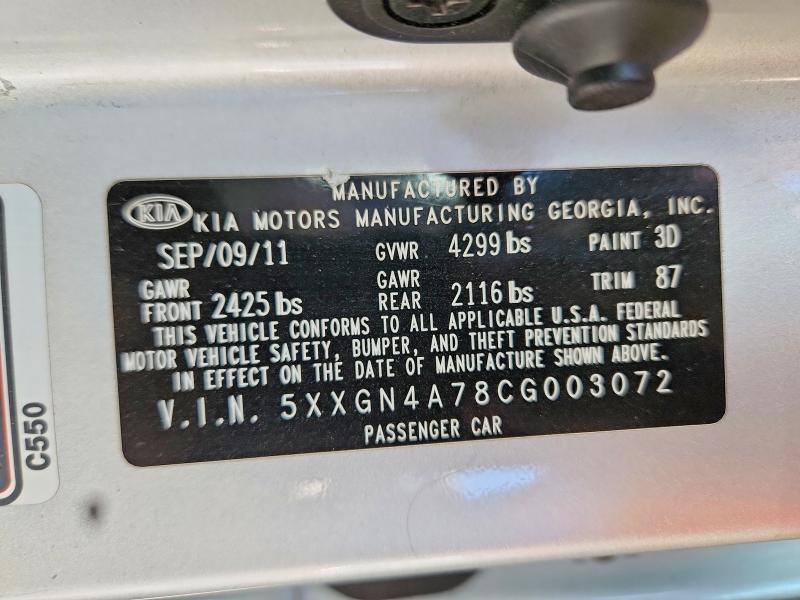 Aukcja sprzedaży 2012 Kia Optima, vin: 5XXGN4A78CG003072, numer aukcji: 63131026