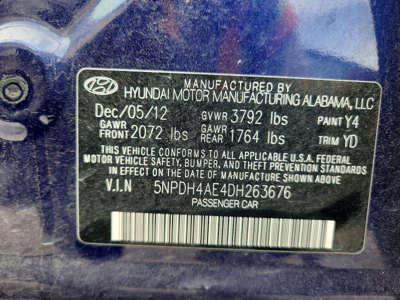 60721316 :رقم المزاد ، 5NPDH4AE4DH263676 vin ، 2013 Hyundai Elantra مزاد بيع