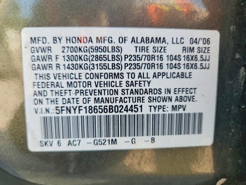 Aukcja sprzedaży 2006 Honda Pilot, vin: 5FNYF18656B024451, numer aukcji: 60254676