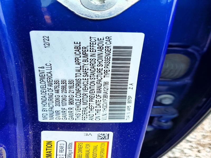 61984756 :رقم المزاد ، 1HGCV1F38NA121786 vin ، 2022 Honda Accord مزاد بيع