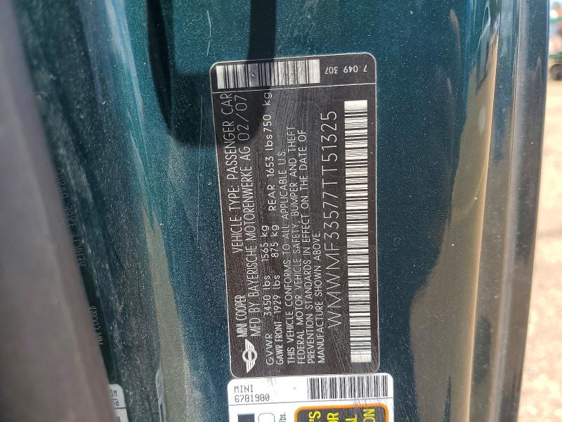 Aukcja sprzedaży 2007 Mini Cooper, vin: WMWMF33577TT51325, numer aukcji: 59364846