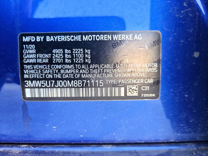Продажа на аукционе авто 2021 Bmw M340i, vin: 3MW5U7J00M8B71115, номер лота: 59387616